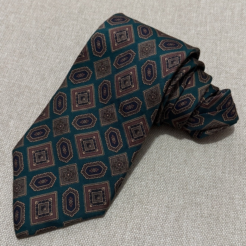 EUC Liberty of London Silk Tie-Teal/Brown Geo Print - Picture 2 of 8